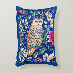 William Morris Owl Tapestry, Beige and Cobalt Blue Accent Pillow