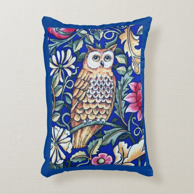 William Morris Owl Tapestry, Beige and Cobalt Blue Accent Pillow (Front(Vertical))