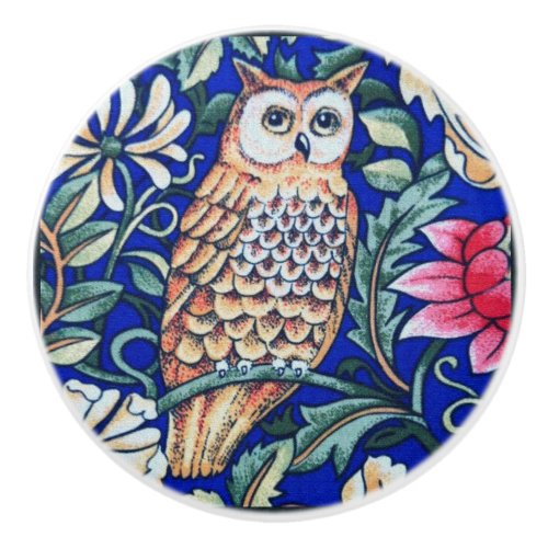 William Morris Owl Tapestry Beige and Cobalt Blue Ceramic Knob