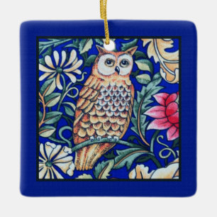 William Morris Owl Tapestry, Beige and Cobalt Blue Ceramic Ornament