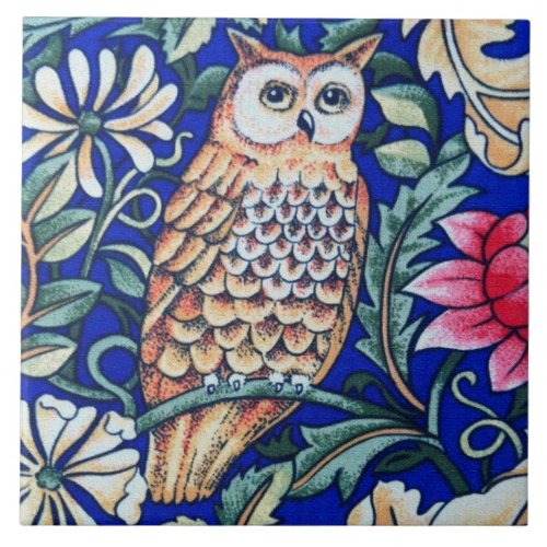 William Morris Owl Tapestry Beige and Cobalt Blue Ceramic Tile