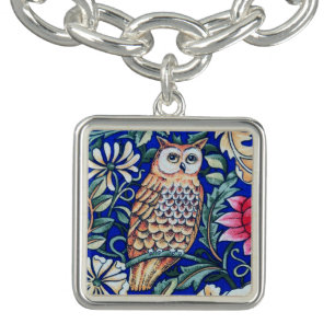 William Morris Owl Tapestry, Beige and Cobalt Blue Charm Bracelet