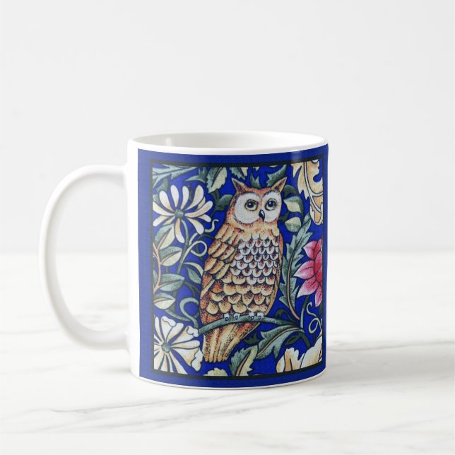 William Morris Owl Tapestry, Beige and Cobalt Blue Coffee Mug (Left)
