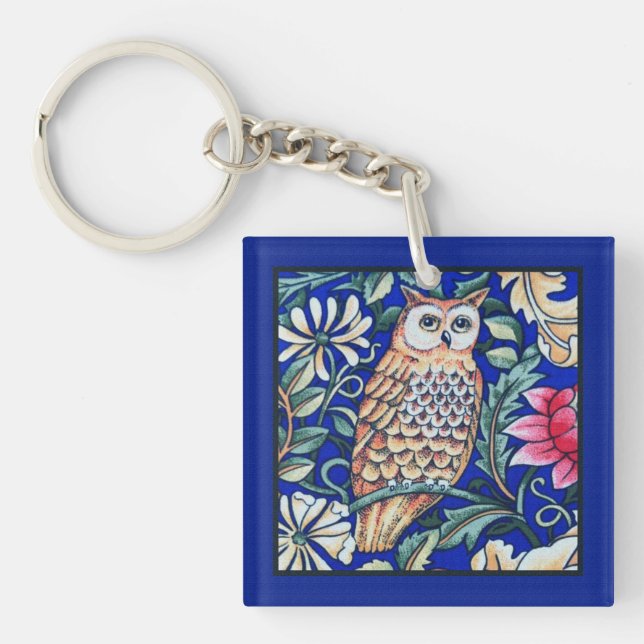 William Morris Owl Tapestry, Beige and Cobalt Blue Keychain (Front)