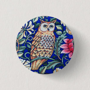 William Morris Owl Tapestry, Beige and Cobalt Blue Pinback Button