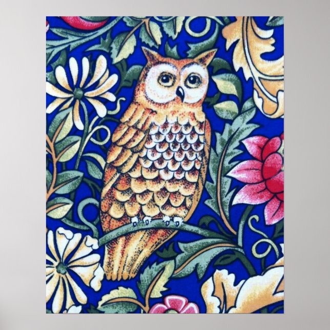 William Morris Owl Tapestry, Beige and Cobalt Blue Poster (Front)