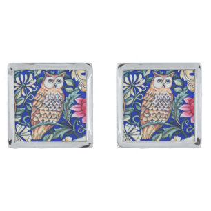 William Morris Owl Tapestry, Beige and Cobalt Blue Silver Cufflinks