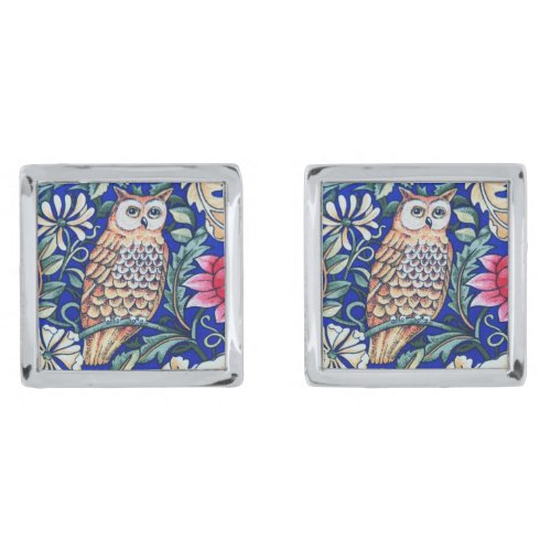 William Morris Owl Tapestry Beige and Cobalt Blue Silver Cufflinks