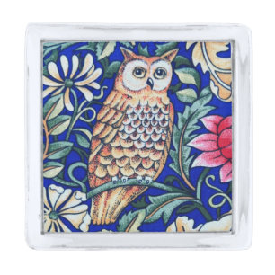 William Morris Owl Tapestry, Beige and Cobalt Blue Silver Finish Lapel Pin