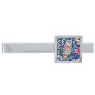 William Morris Owl Tapestry, Beige and Cobalt Blue Silver Finish Tie Bar