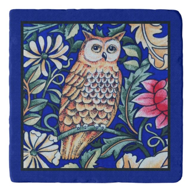 William Morris Owl Tapestry, Beige and Cobalt Blue Trivet (Front)