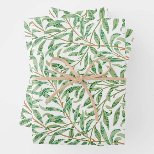 William Morris Pastel Green Willow Leaf Branches Wrapping Paper Sheets (In situ)
