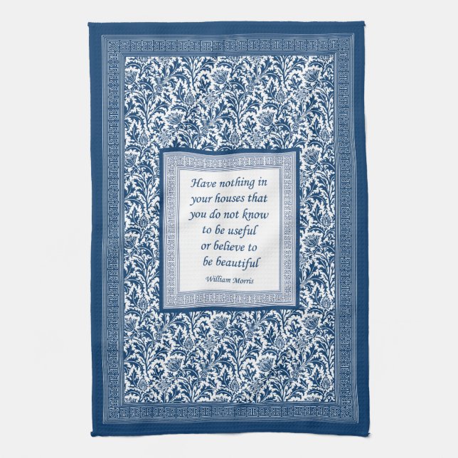 William Morris Pattern and Quotation Elegant Blue Kitchen Towel (Vertical)