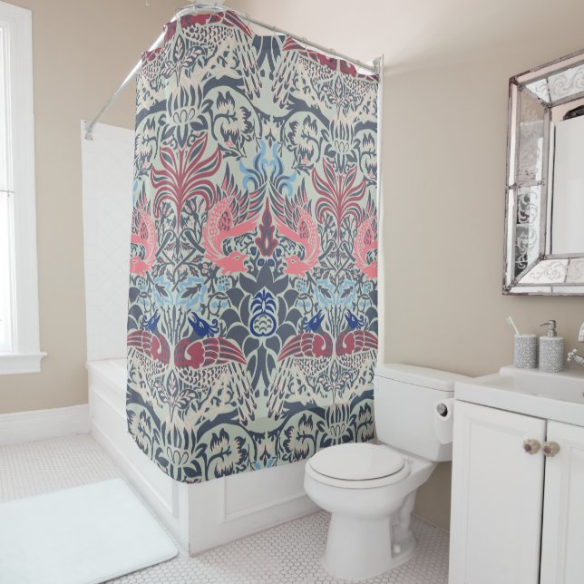 William Morris Peacock and Dragon Shower Curtain (In Situ)