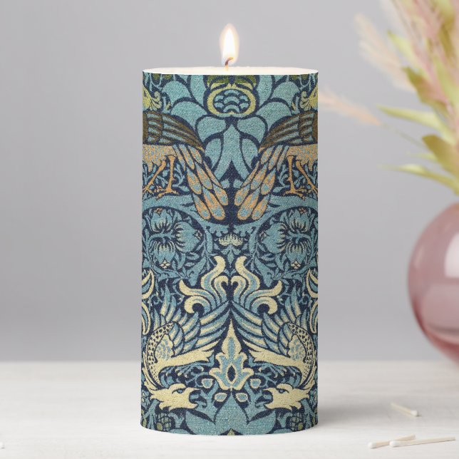William Morris Peacock and Dragon Woven Design Pillar Candle (In Situ)