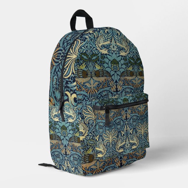 William Morris Peacock and Dragon Woven Design Printed Backpack (Back Corner Left)