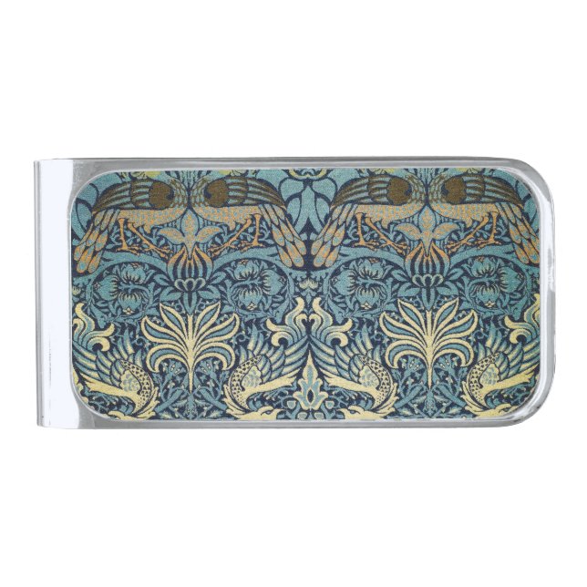 William Morris Peacock and Dragon Woven Design Silver Finish Money Clip (Front)