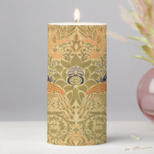 William Morris Peacock Dragon Vintage Arts Crafts Pillar Candle
