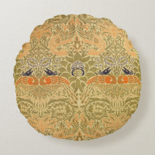 William Morris Peacock Dragon Vintage Arts Crafts Round Pillow