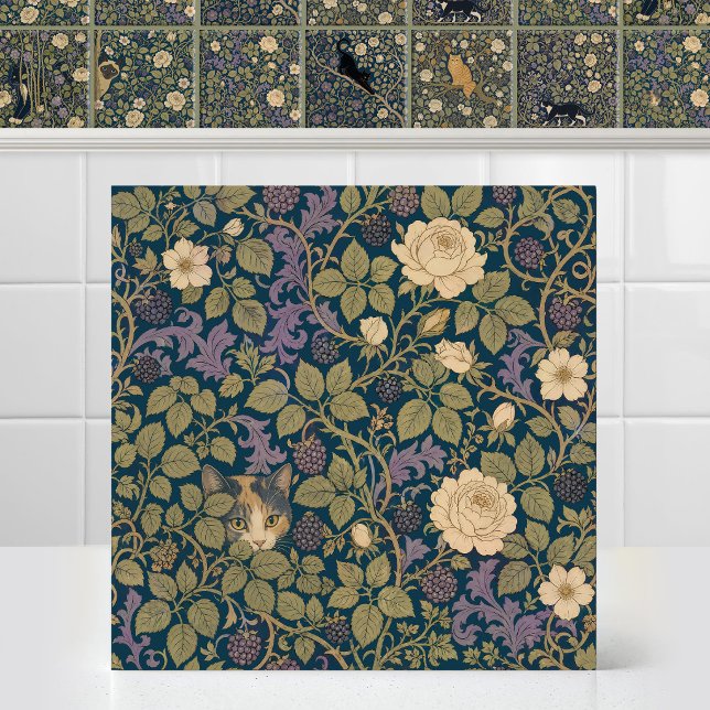 William Morris Peekaboo Calico Cat Foliage Pattern Ceramic Tile (Antique Art Nouveau Pattern William Morris Peekaboo Calico Cat Foliage Ceramic Tile Mural)