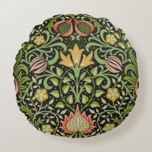 William Morris Persian Black Floral Tile Art Round Pillow