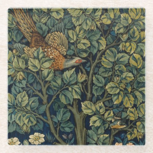 William Morris Pheasant Bird Tree Botanical Glass Coaster