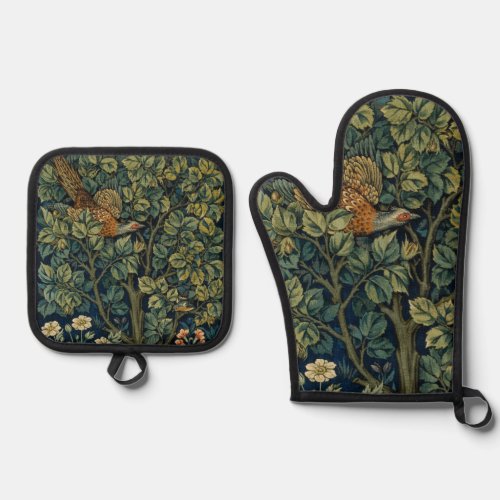 William Morris Pheasant Bird Tree Botanical Oven Mitt  Pot Holder Set