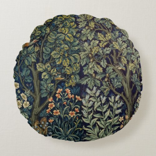 William Morris Pheasant Bird Tree Botanical Round Pillow