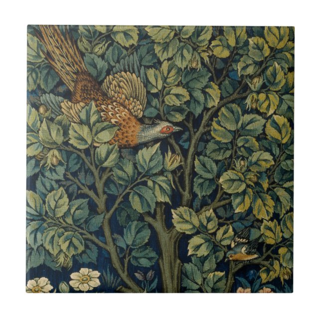 William Morris Pheasant Bird Tree Woodland Ceramic Tile (Front)