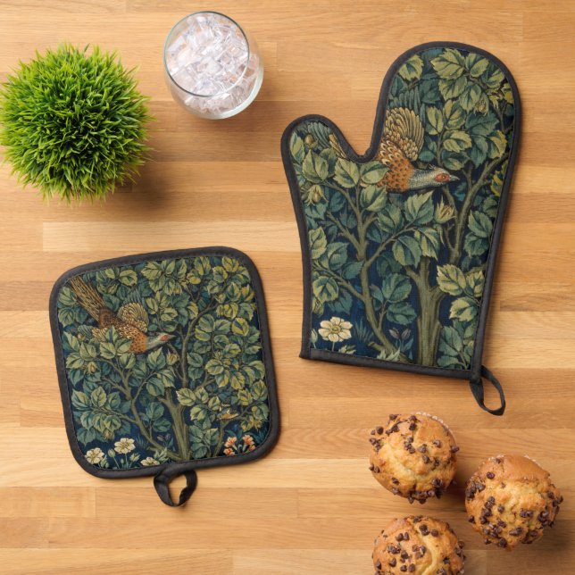 William Morris Pheasant Bird Tree Woodland Oven Mitt & Pot Holder Set (Top Down)