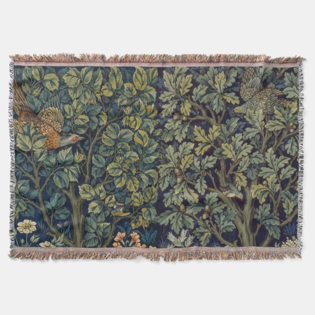 William Morris Pheasant Bird Tree Woodland Throw Blanket (Front)