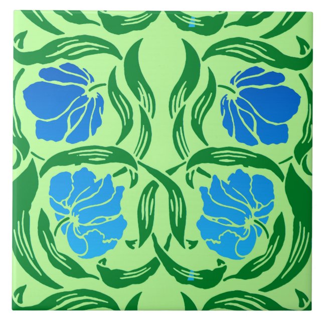 William Morris Pimpernel, Blue & Lime Green Ceramic Tile (Front)