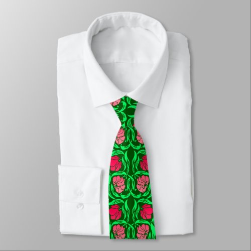 William Morris Pimpernel Coral Pink and Green Neck Tie