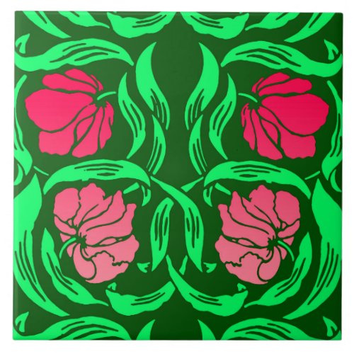 William Morris Pimpernel Coral Pink and Green Tile