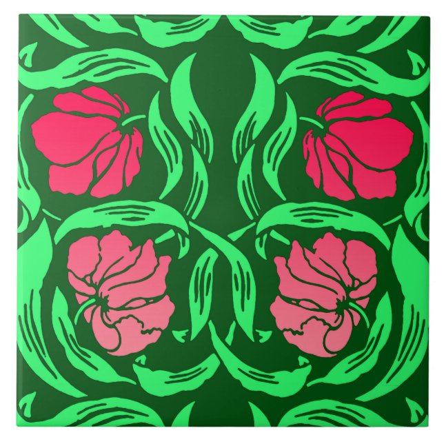 William Morris Pimpernel, Coral Pink and Green Tile (Front)