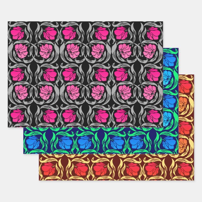 William Morris Pimpernel, Fuchsia, Blue, Brown    Wrapping Paper Sheets (Set)