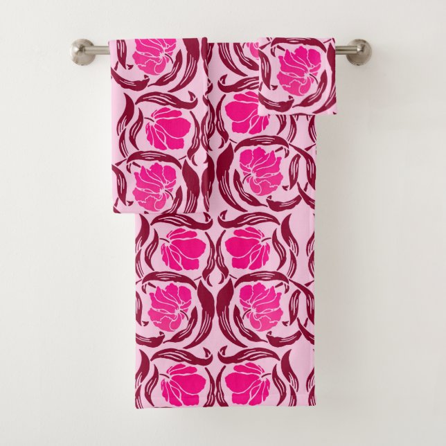 William Morris Pimpernel, Fuchsia & Light Pink Bath Towel Set (Insitu)