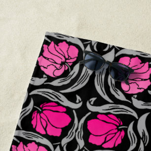 William Morris Pimpernel, Fuchsia Pink and Black Beach Towel