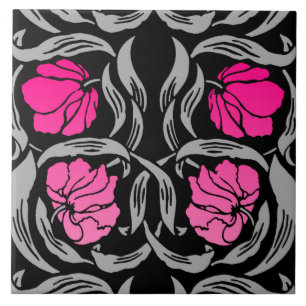 William Morris Pimpernel, Fuchsia Pink and Black Ceramic Tile