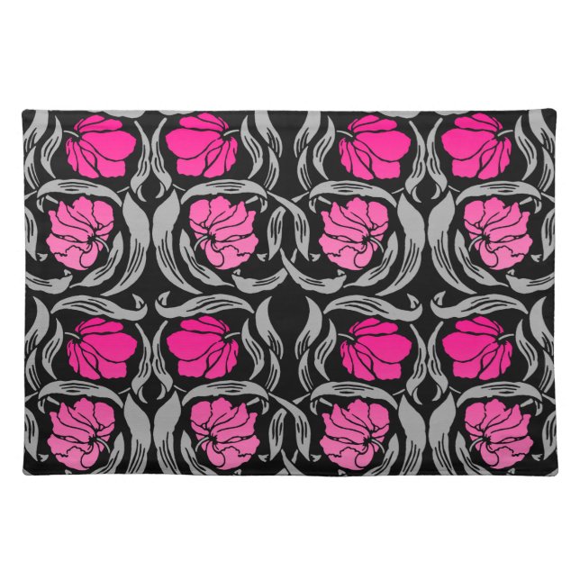 William Morris Pimpernel, Fuchsia Pink and Black  Cloth Placemat (Front)