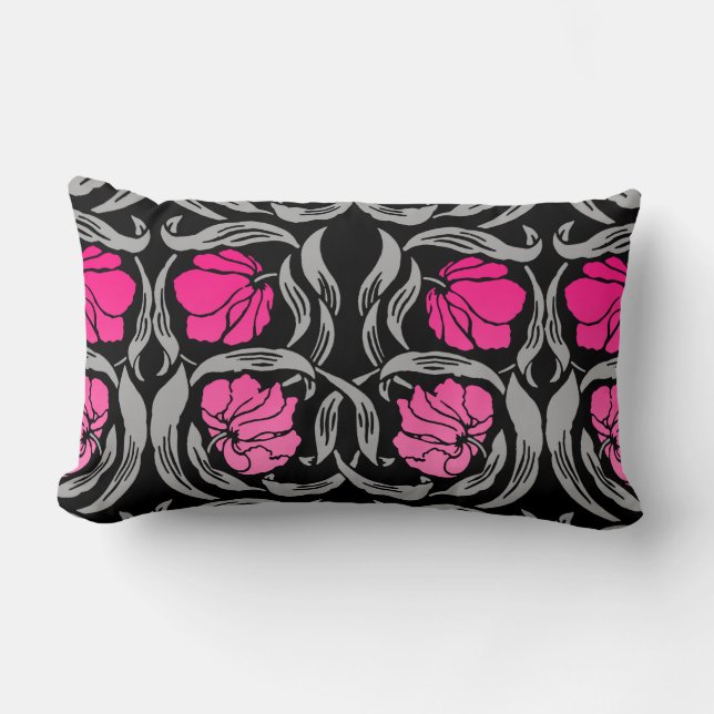 William Morris Pimpernel, Fuchsia Pink and Black Lumbar Pillow (Front)