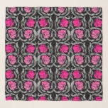 William Morris Pimpernel, Fuchsia Pink and Black Scarf<br><div class="desc">Square scarf in a vintage William Morris textile pattern of stylized pimpernel flowers and leaves - flowers in a gradient of deep to light fuchsia pink, with light silver gray / grey leaves, on a black background</div>