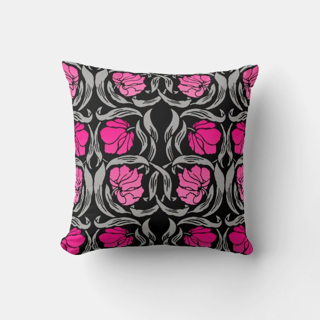 William Morris Pimpernel, Fuchsia Pink and Black Throw Pillow (Front)