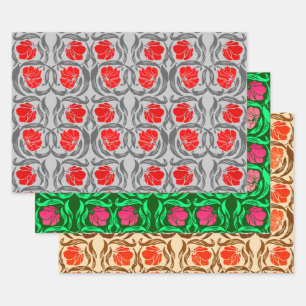 William Morris Pimpernel, Gray & Red, Pink, Orange Wrapping Paper Sheets