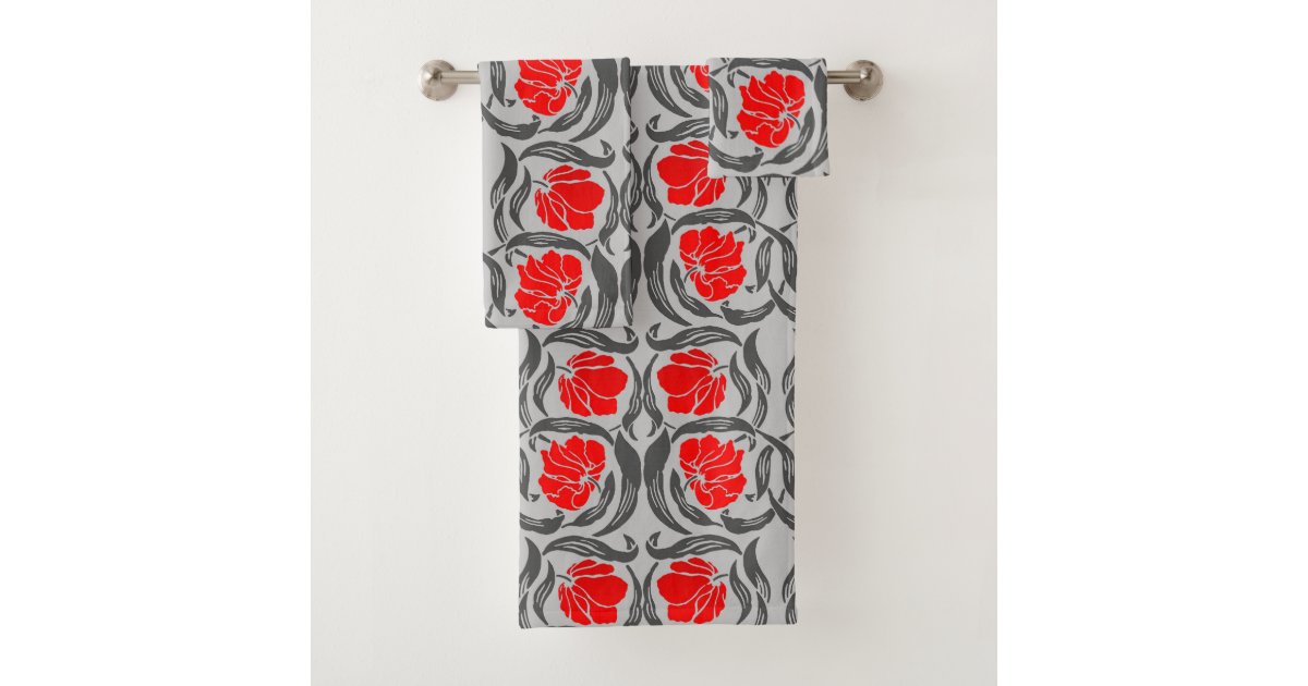William Morris Pimpernel, Silver Gray and Red Bath Towel Set | Zazzle