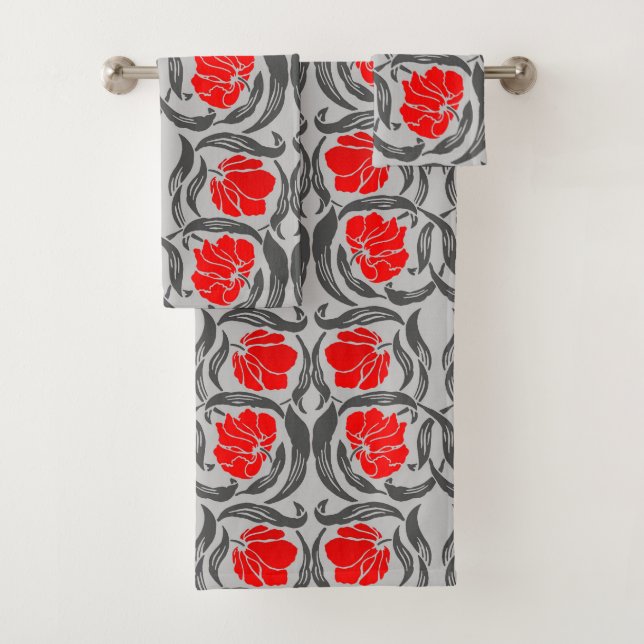 William Morris Pimpernel, Silver Gray and Red Bath Towel Set (Insitu)