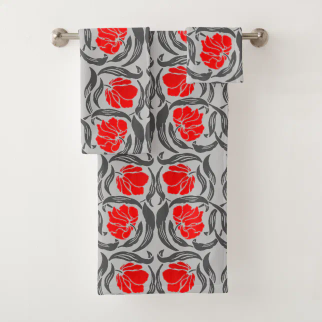 William Morris Pimpernel, Silver Gray and Red Bath Towel Set | Zazzle