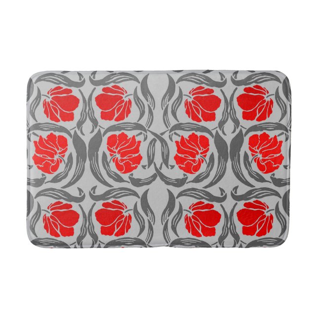 William Morris Pimpernel, Silver Gray and Red Bathroom Mat (Front)