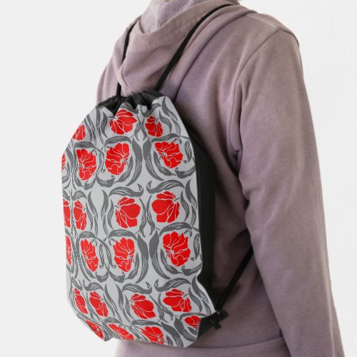 William Morris Pimpernel Silver Gray and Red Mess Drawstring Bag