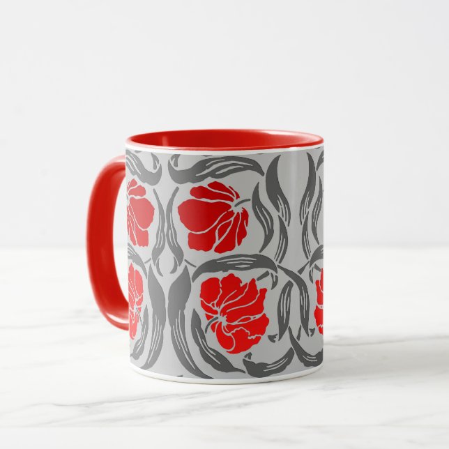 William Morris Pimpernel, Silver Gray and Red Mug (Front Left)